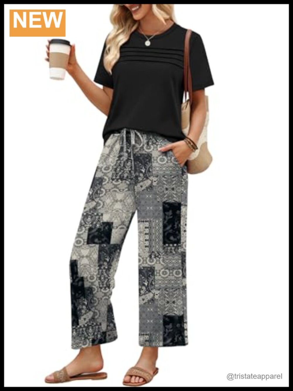 Wide Leg Two Piece Lounge Set Short Sleeve Top Cropped Pants Travel Beach